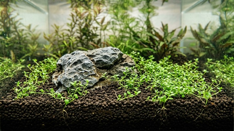 una capa de sustrato nutritivo oscuro y granulado en la base de un acuario plantado, con una roca gris asentada encima y pequeñas plantas tapizantes recién enraizadas