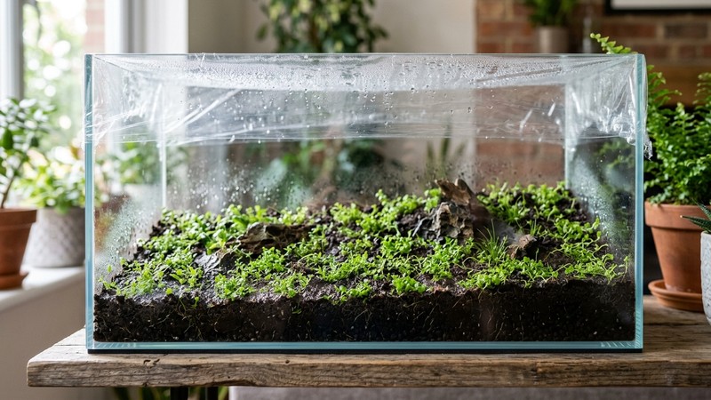 un acuario en fase de arranque en seco, con diminutas plantas tapizantes plantadas sobre sustrato húmedo y oscuro, cubierto por una fina lámina de plástico transparente que conserva la humedad