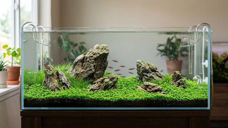 un acuario minimalista plantado estilo Iwagumi completamente limpio y equilibrado, con piedras entre el tapiz verde, agua transparente sin turbidez y un ambiente sereno