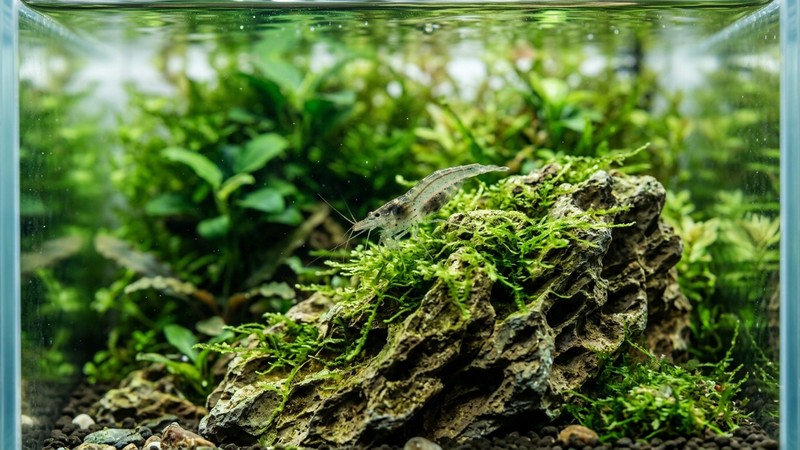 un detalle de roca con un ligero manto de musgo verde y una gamba Amano translúcida posada sobre el tapiz cercano, dentro de un acuario de agua cristalina