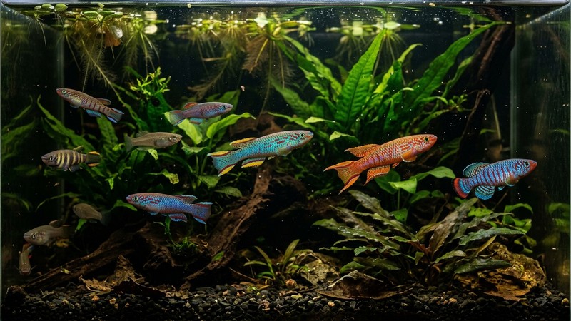 varios killis de distintas especies con machos de colores metálicos vivos nadando en un acuario plantado de penumbra