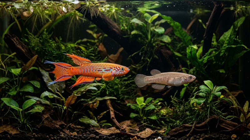 un macho de killi de colores intensos junto a una hembra pálida y discreta de tono apagado en un acuario plantado oscuro