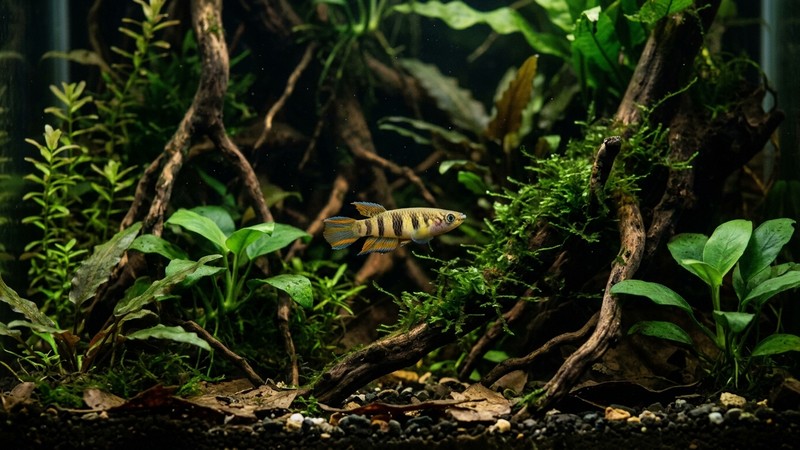 un killi payaso pequeño de colores suaves entre plantas verdes y raíces en un acuario cristalino en penumbra