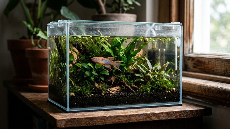 un pequeño acuario plantado y oscuro de pocos litros con un macho de killi colorido y una tapa de cristal cerrada encima