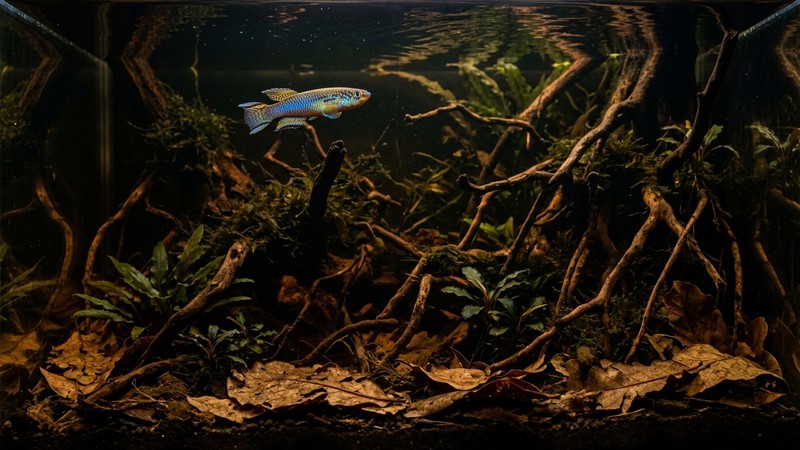 un acuario oscuro plantado con turba, hojas secas y raíces, y un killi de colores metálicos nadando en la zona alta