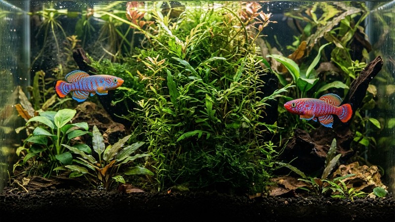 dos machos de killi de la misma especie de colores vivos separados por plantas densas en un acuario plantado