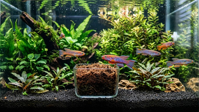 un recipiente con fibra de coco y turba oscura dentro de un acuario plantado donde nadan killis de colores