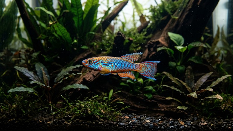 un macho de killi de colores metálicos deslumbrantes en primer plano en un acuario plantado oscuro de agua cristalina