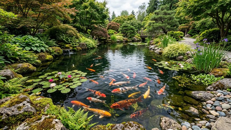 un estanque de jardín grande y profundo con carpas koi
