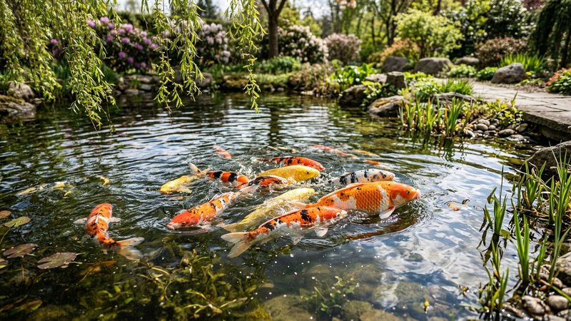 carpas koi activas en un estanque templado en primavera
