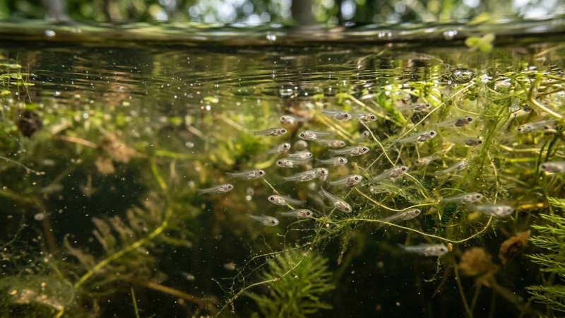 diminutos alevines de carpa recién nacidos en el agua de un estanque