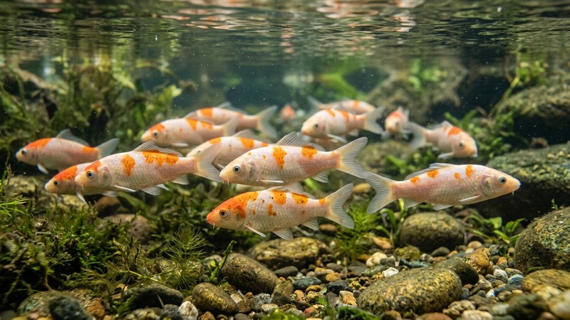 jóvenes koi empezando a mostrar sus manchas de color naranja y blanco