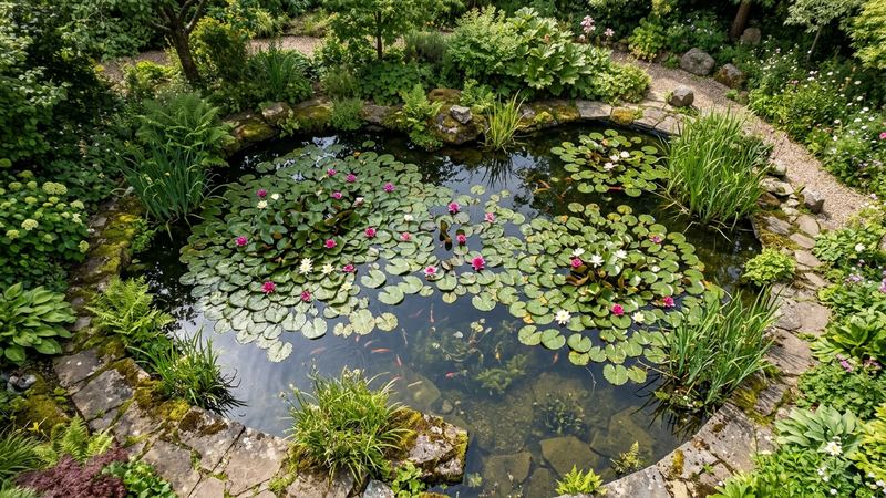 un estanque de jardín con nenúfares visto desde arriba