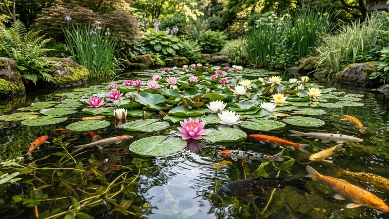 nenúfares y plantas acuáticas frondosas en un estanque de koi