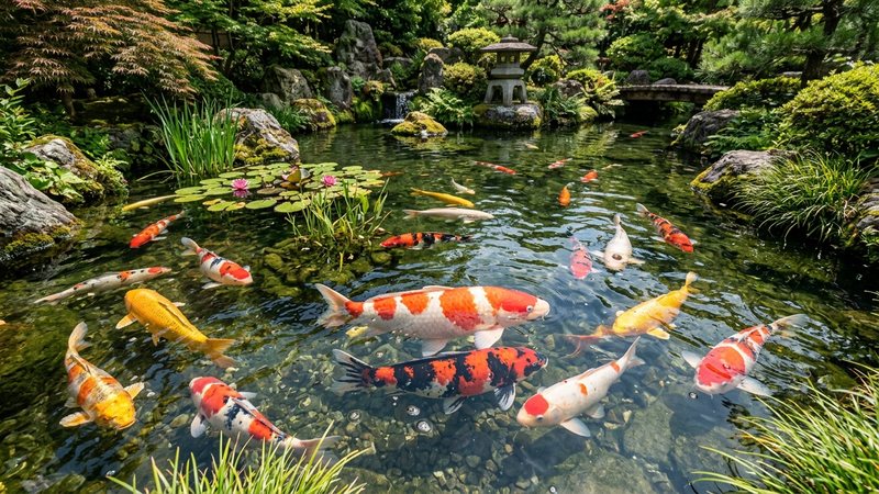 carpas koi grandes y bonitas de colores vivos en un estanque cuidado