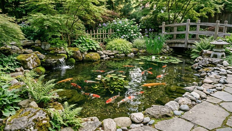 un estanque de koi casero bien montado en un jardín