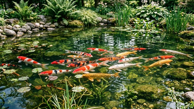 varias carpas koi coloridas nadando juntas en un estanque sano y equilibrado