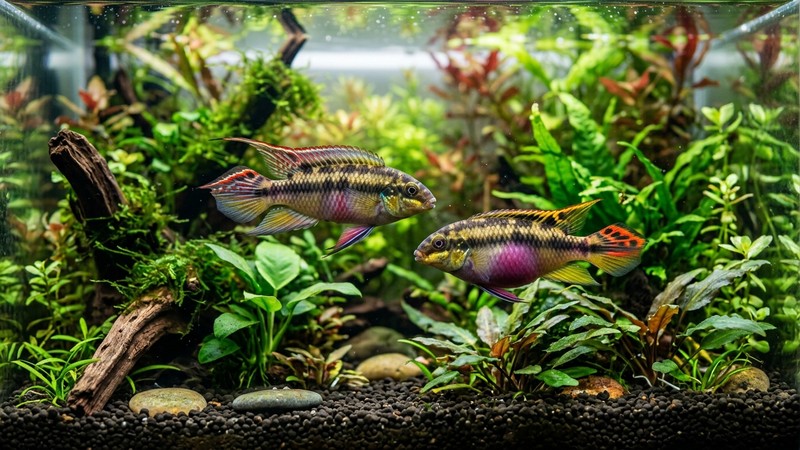 una pareja de peces kribensis coloridos, la hembra con el vientre de un rosa púrpura intenso, nadando en primer plano en un acuario plantado de agua cristalina