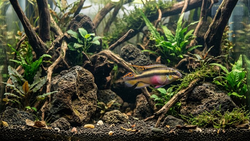un kribensis nadando en la zona media y baja de un acuario decorado con rocas y raíces