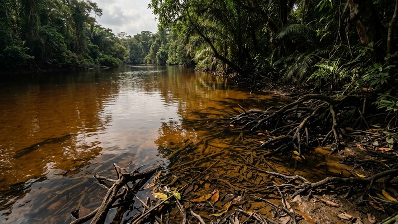 un río africano tranquilo de aguas ambarinas con raíces, hojas sumergidas y sombras, ambiente del delta del Níger