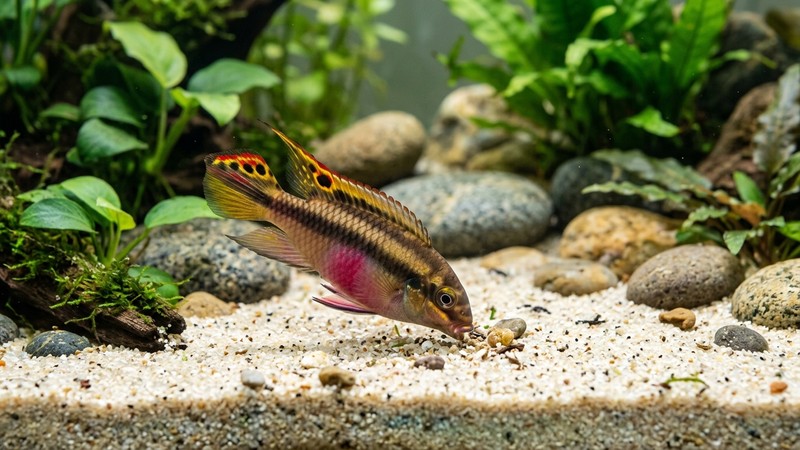 un kribensis rebuscando sobre un fondo de arena fina y clara en un acuario limpio con cantos rodados