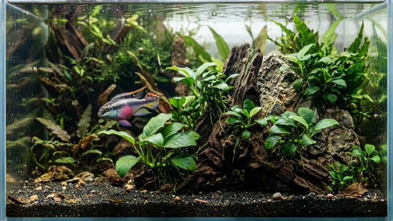 plantas anubias de hojas verdes atadas a una roca y a un tronco en un acuario cristalino con un kribensis cerca