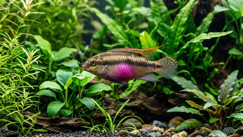 una hembra de kribensis con el vientre rosa púrpura muy encendido en primer plano entre plantas verdes
