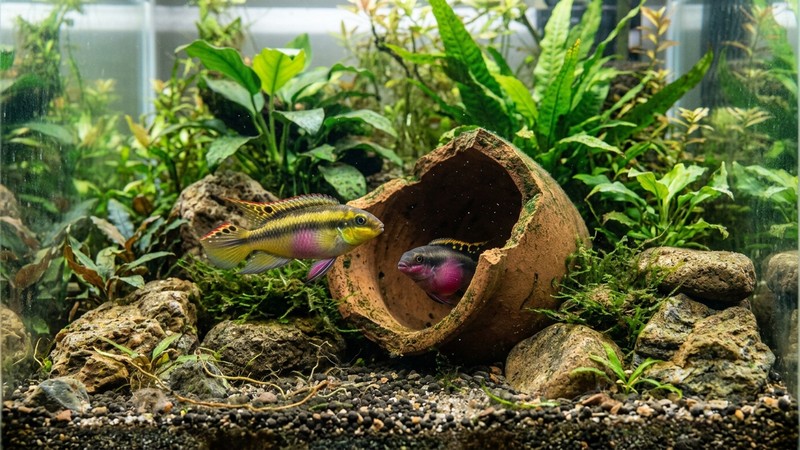 una pareja de kribensis junto a una cueva de media maceta de barro entre rocas en un acuario plantado