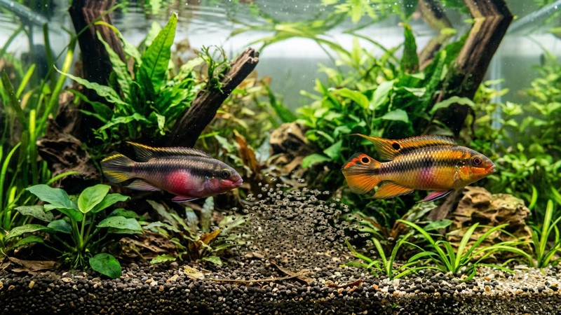 una pareja de kribensis escoltando una nube de pequeños alevines sobre el fondo de un acuario limpio y plantado