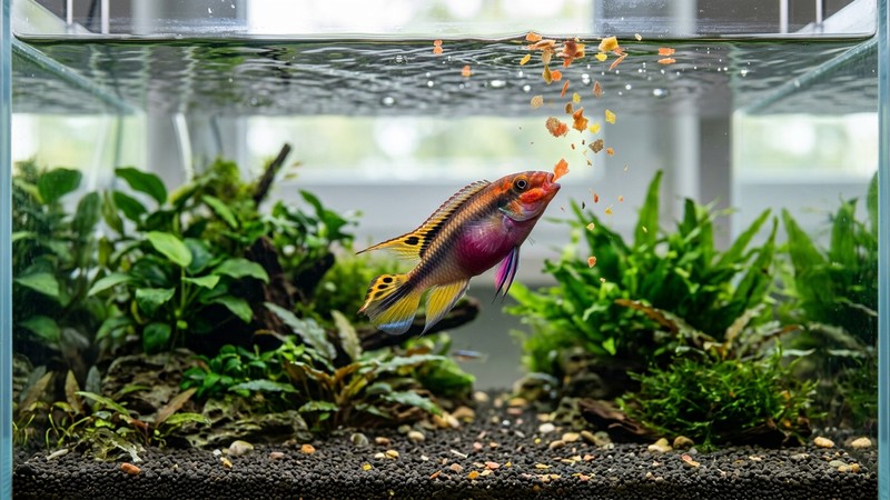 un kribensis colorido comiendo escamas de comida que caen sobre la superficie del agua en un acuario cristalino