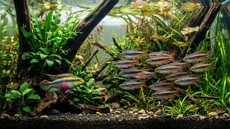 un kribensis junto a un cardumen de tetras del Congo de banda azul y dorada en un acuario plantado de biotopo africano