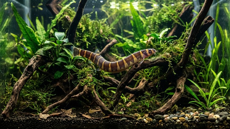 una locha kuhli con marcadas bandas verticales de color marrón chocolate y ocre a lo largo de su cuerpo cilíndrico, deslizándose entre raíces en un acuario plantado