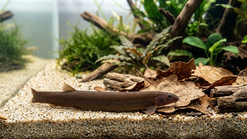 una locha kuhli de color marrón uniforme sin bandas, de cuerpo esbelto, reposando sobre arena fina junto a hojas secas en un acuario de agua clara
