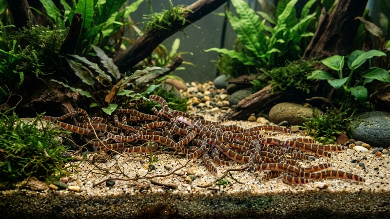 un grupo numeroso de lochas kuhli serpenteando juntas sobre el fondo de arena de un acuario plantado con poca luz, ambiente sereno y agua cristalina