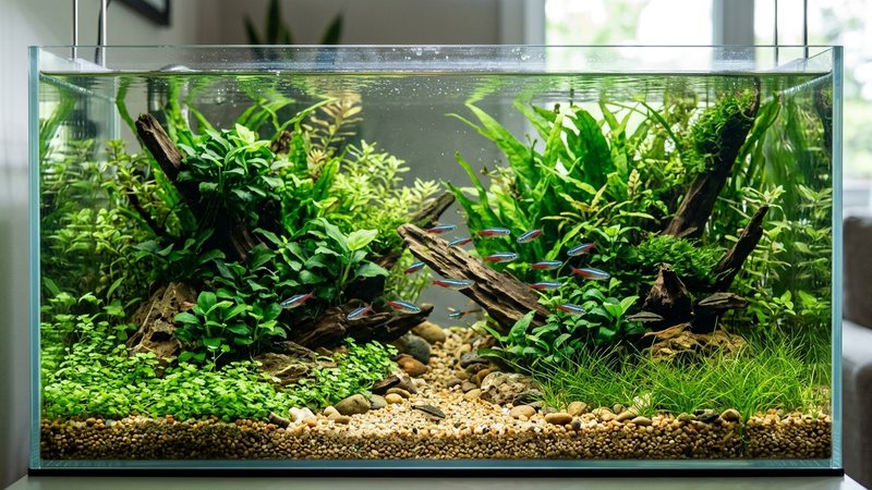un acuario plantado de aspecto natural con suelo de arena fina de cantos redondeados, abundante vegetación verde y agua limpia y transparente