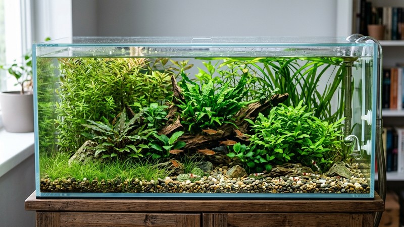 un acuario cerrado con tapa de cristal completa vista desde un lateral, agua cristalina y plantas verdes en su interior, ambiente ordenado y limpio