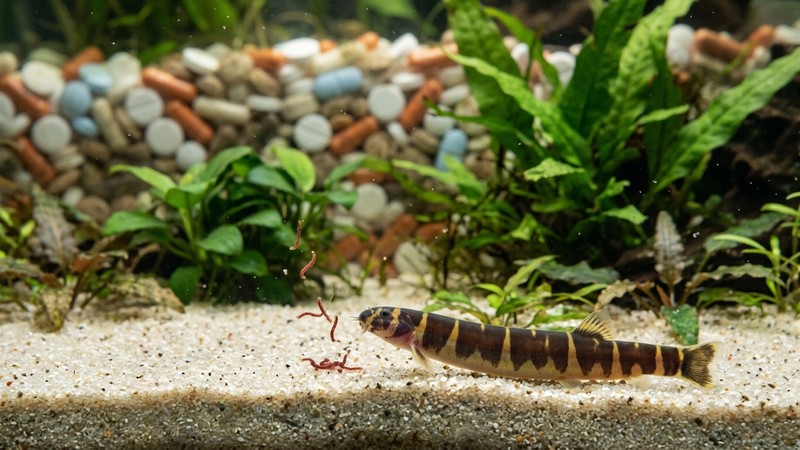 pastillas de fondo y pequeñas larvas rojizas descendiendo hacia el suelo de arena de un acuario plantado mientras una locha kuhli se acerca a alimentarse