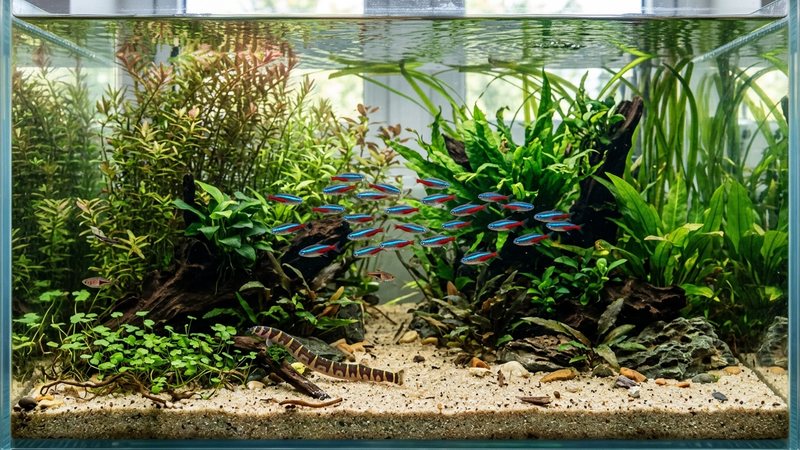 un acuario comunitario plantado con un cardumen de tetras neón nadando en media agua y una locha kuhli recorriendo el fondo de arena, agua cristalina