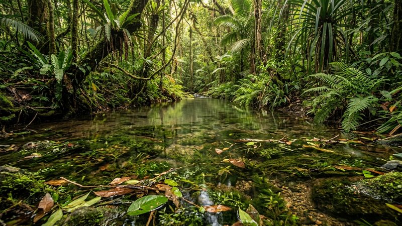 un arroyo tropical poco profundo y de aguas calmadas en el sur de Asia, con vegetación acuática densa, hojas flotantes en la superficie quieta y luz suave filtrándose entre las plantas