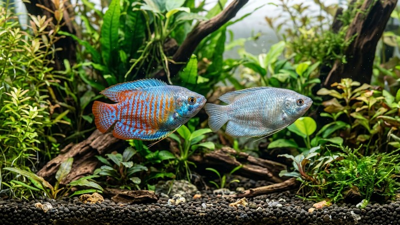 dos gurami enano nadando juntos en un acuario plantado, uno con coloración intensa azul y roja y otro de tono gris plateado más apagado, ilustrando la diferencia de color entre ellos, agua transparente y plantas al fondo
