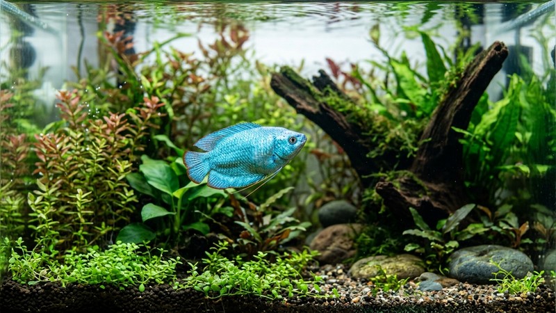 un gurami enano de la variedad azul turquesa metálico completo, color uniforme y brillante, nadando en primer plano en un acuario plantado de agua cristalina