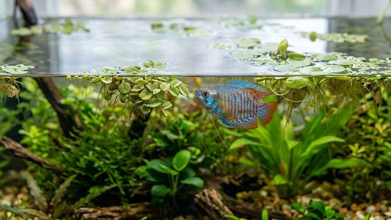 un gurami enano cerca de la superficie tranquila de un acuario, con plantas flotantes alrededor y la lámina de agua completamente en calma y sin oleaje, reflejos suaves de luz