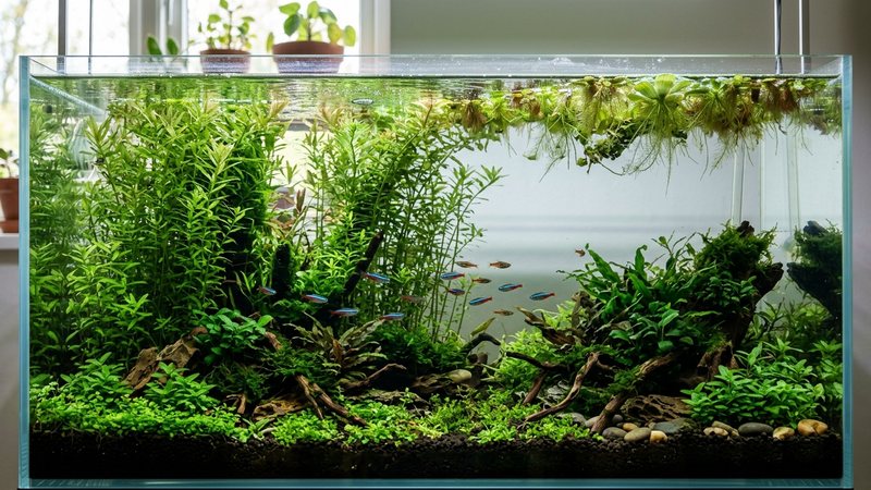 un acuario plantado exuberante con columnas de plantas altas verdes y plantas flotantes que dan sombra en la superficie, agua limpia y transparente, ambiente tranquilo y frondoso