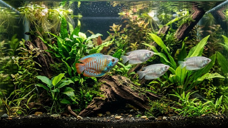 un pequeño grupo de gurami enano, un macho colorido y varias hembras más pálidas, nadando entre plantas y troncos en un acuario amplio y bien plantado