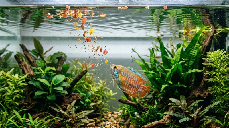 escamas y gránulos de comida para peces cayendo lentamente sobre la superficie tranquila de un acuario plantado, con un gurami enano acercándose por debajo