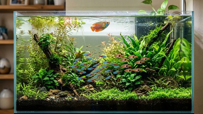 un acuario comunitario apacible con un gurami enano en la zona alta y un cardumen de pequeños tetras neón y rasboras en la zona media, entre plantas verdes y agua cristalina