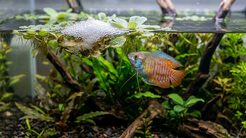 un nido de burbujas de aire flotando en la superficie tranquila de un acuario entre plantas flotantes, con un gurami enano macho vigilando cerca