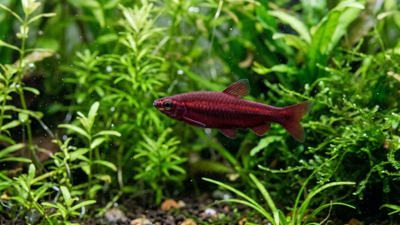 un pez lápiz de un rojo mate tipo vino tinto muy natural resaltando sobre un fondo verde de plantas acuáticas de un acuario