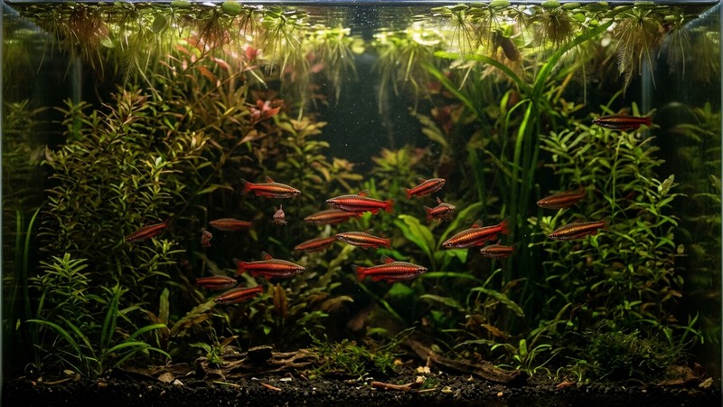 peces lápiz rojos entre plantas altas y tupidas de un acuario en penumbra, con plantas flotantes tamizando la luz desde la superficie