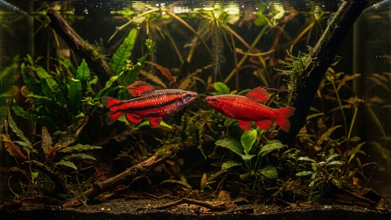 dos peces lápiz machos rojos exhibiéndose uno frente a otro con las aletas desplegadas en un acuario plantado de aguas oscuras